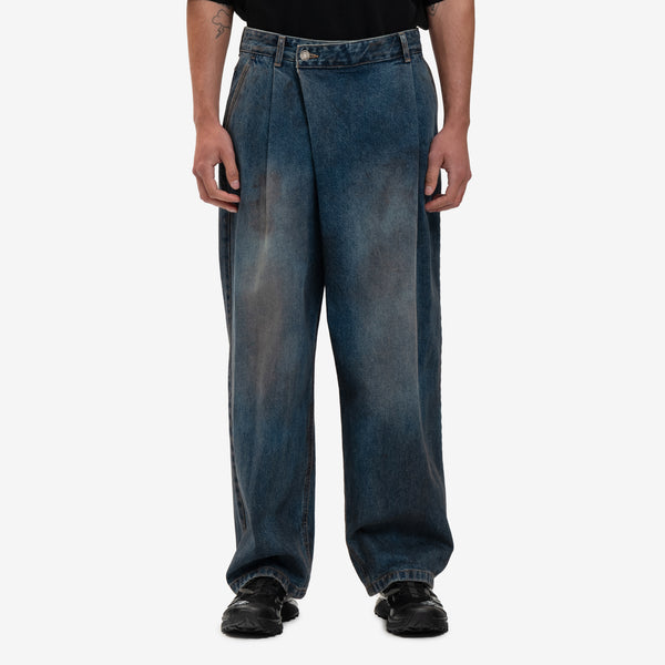 Juun.J - Oil Wash Asymmetrical Denim Pants in Blue