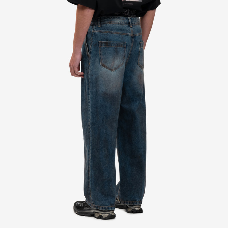 Juun.J - Oil Wash Asymmetrical Denim Pants in Blue