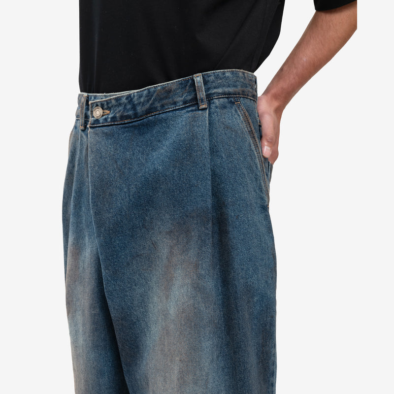 Juun.J - Oil Wash Asymmetrical Denim Pants in Blue