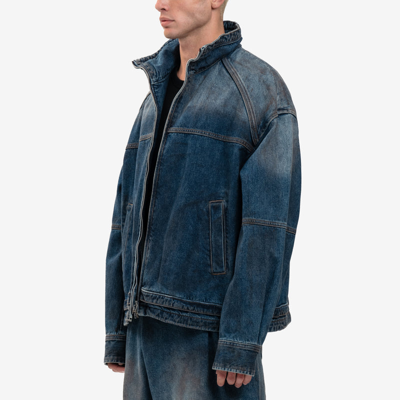 Juun.J - Oil Washed Denim Zip Shirt in Blue