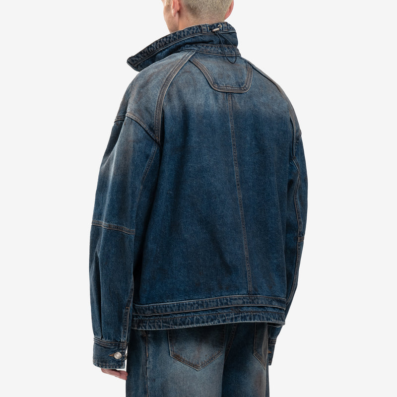 Juun.J - Oil Washed Denim Zip Shirt in Blue