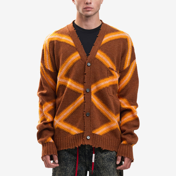 Mens MARNI Knit Broken Macro Argyle Cardigan in Nougat