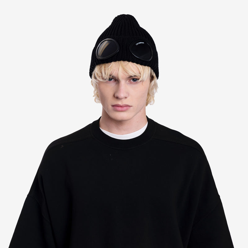 Mens C.P. Company Extra Fine Wool Goggle Beanie in Black