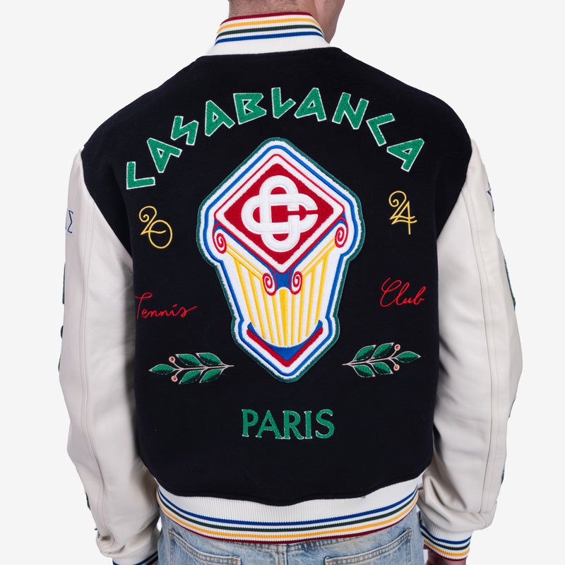 Mens Casablanca Chenille Patchwork Bomber Jacket in Navy