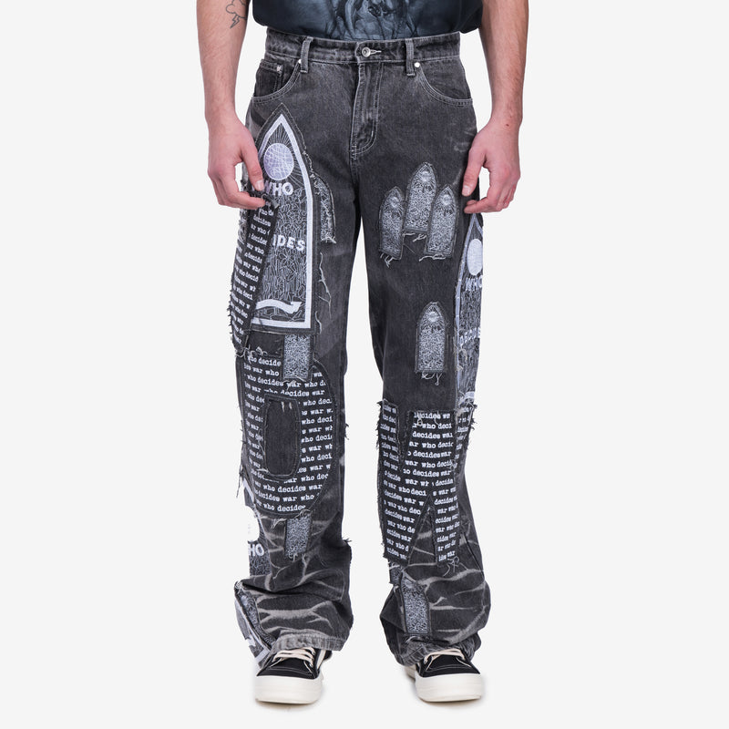 Mens Who Decides War Motif Patched Jeans in Vintage Grey