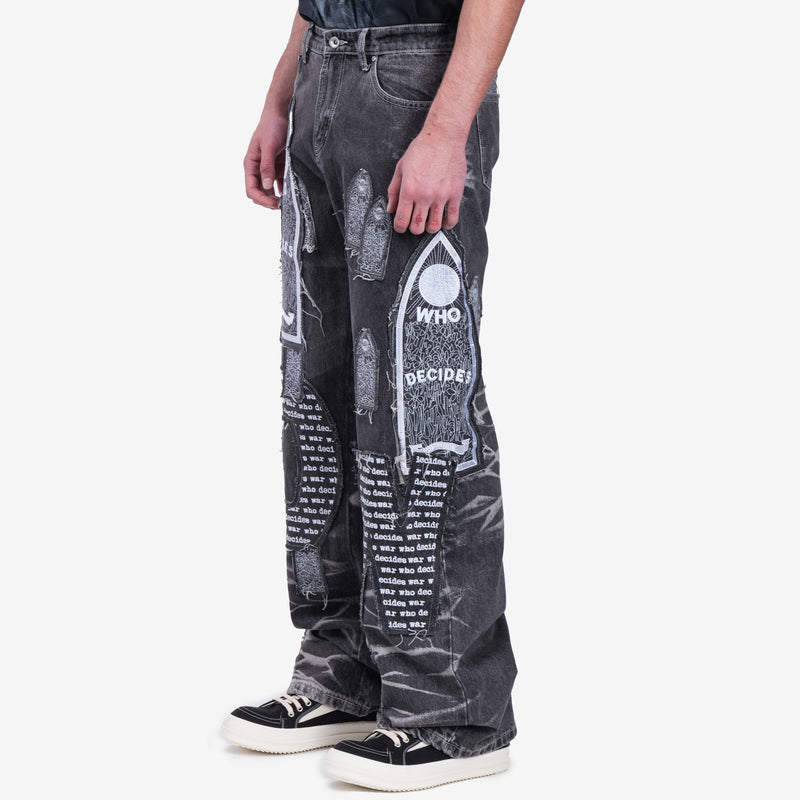 Mens Who Decides War Motif Patched Jeans in Vintage Grey