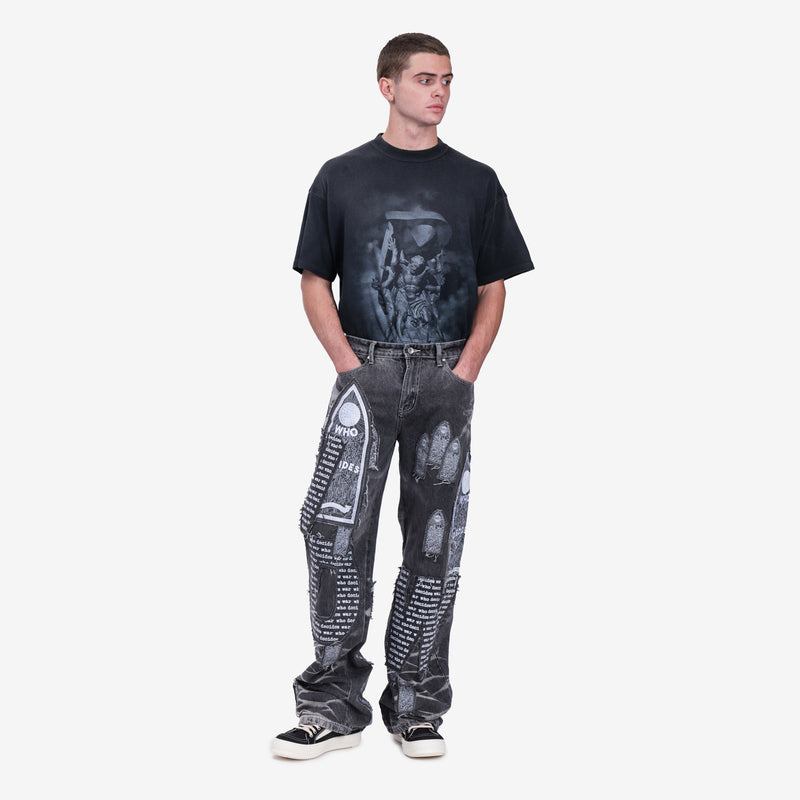 Mens Who Decides War Motif Patched Jeans in Vintage Grey