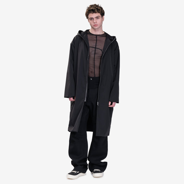 Mens Rick Owens SS25 Hollywood Hooded Gimp Coat in Black