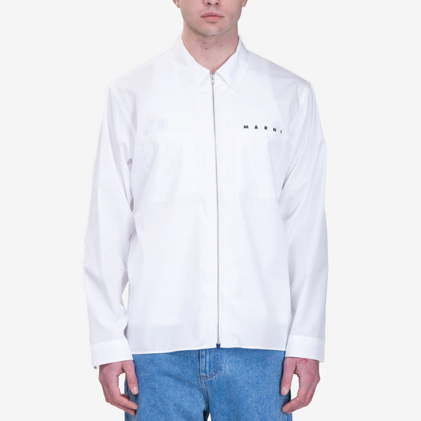 Mens MARNI Hidden Logo Zip Poplin Shirt in Lily White