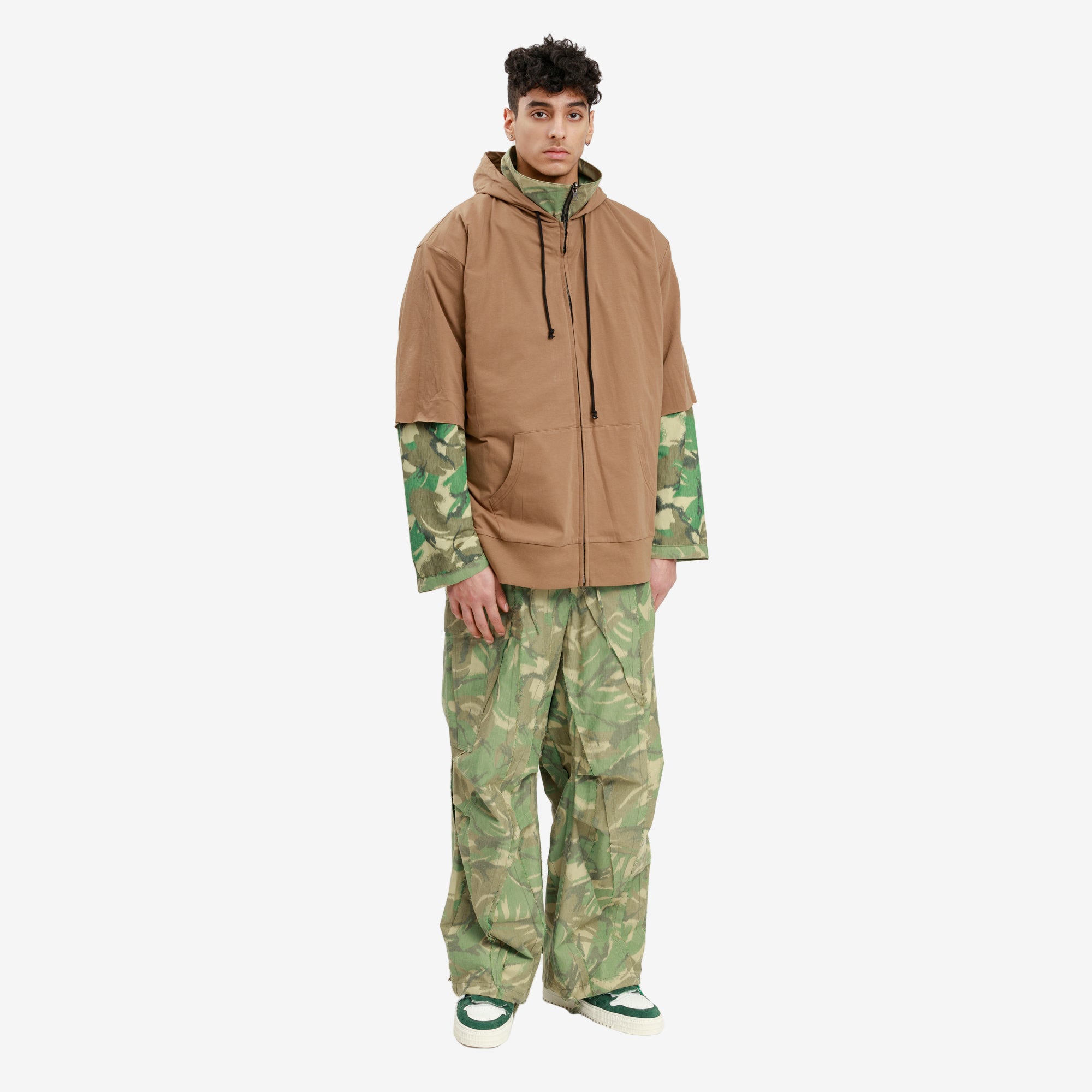 Sankuanz - Reversible Camouflage Military Jacket/Brown Zip Hoodie